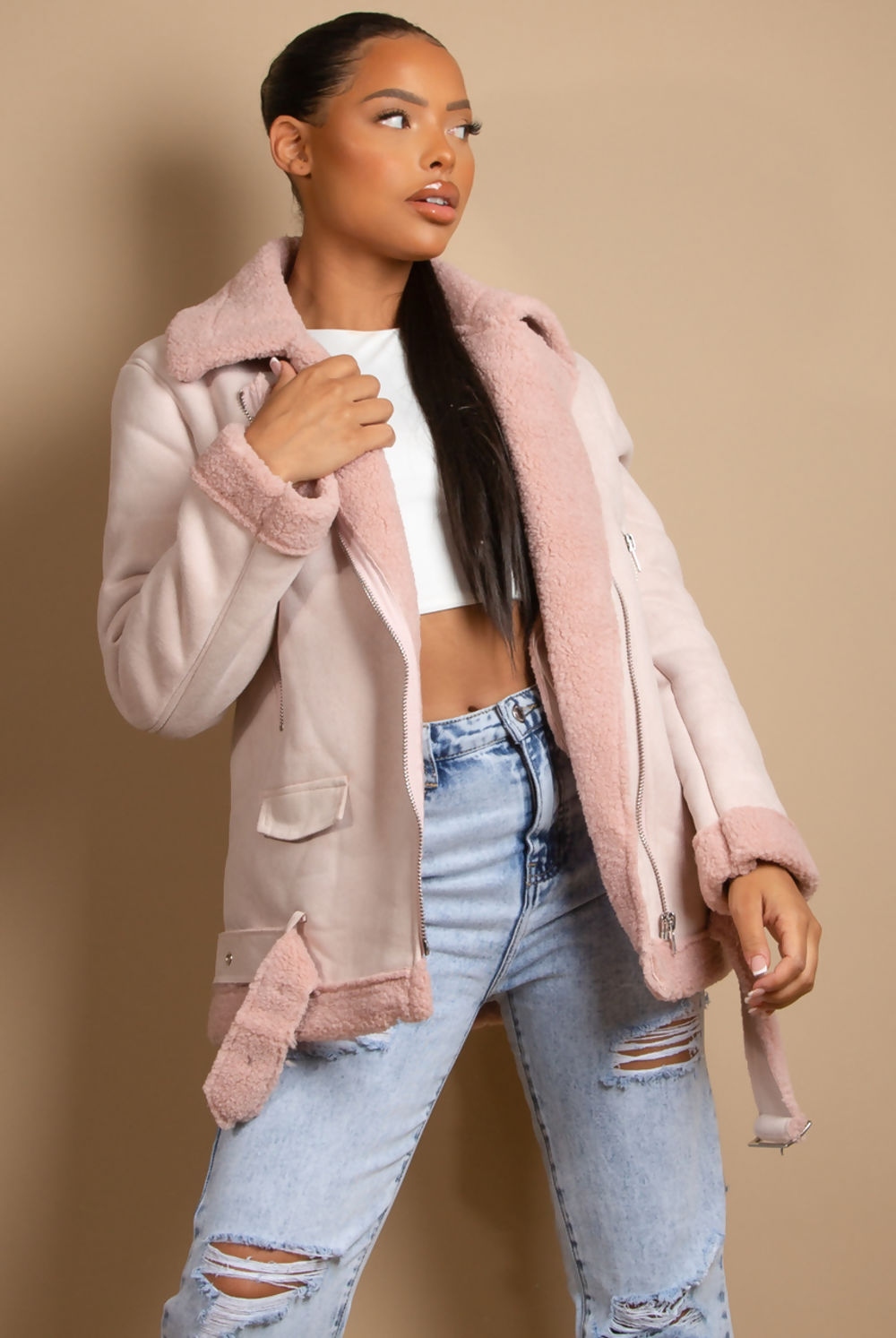 Pink Faux Suede Aviator Jacket (11701)