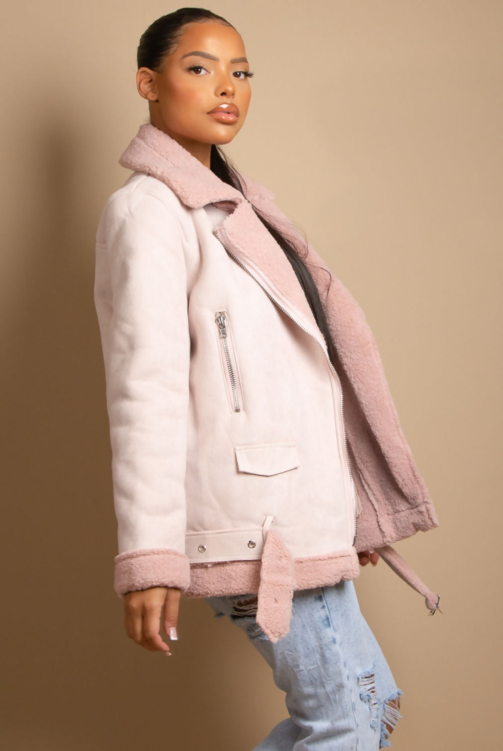 Pink Faux Suede Aviator Jacket (11701)