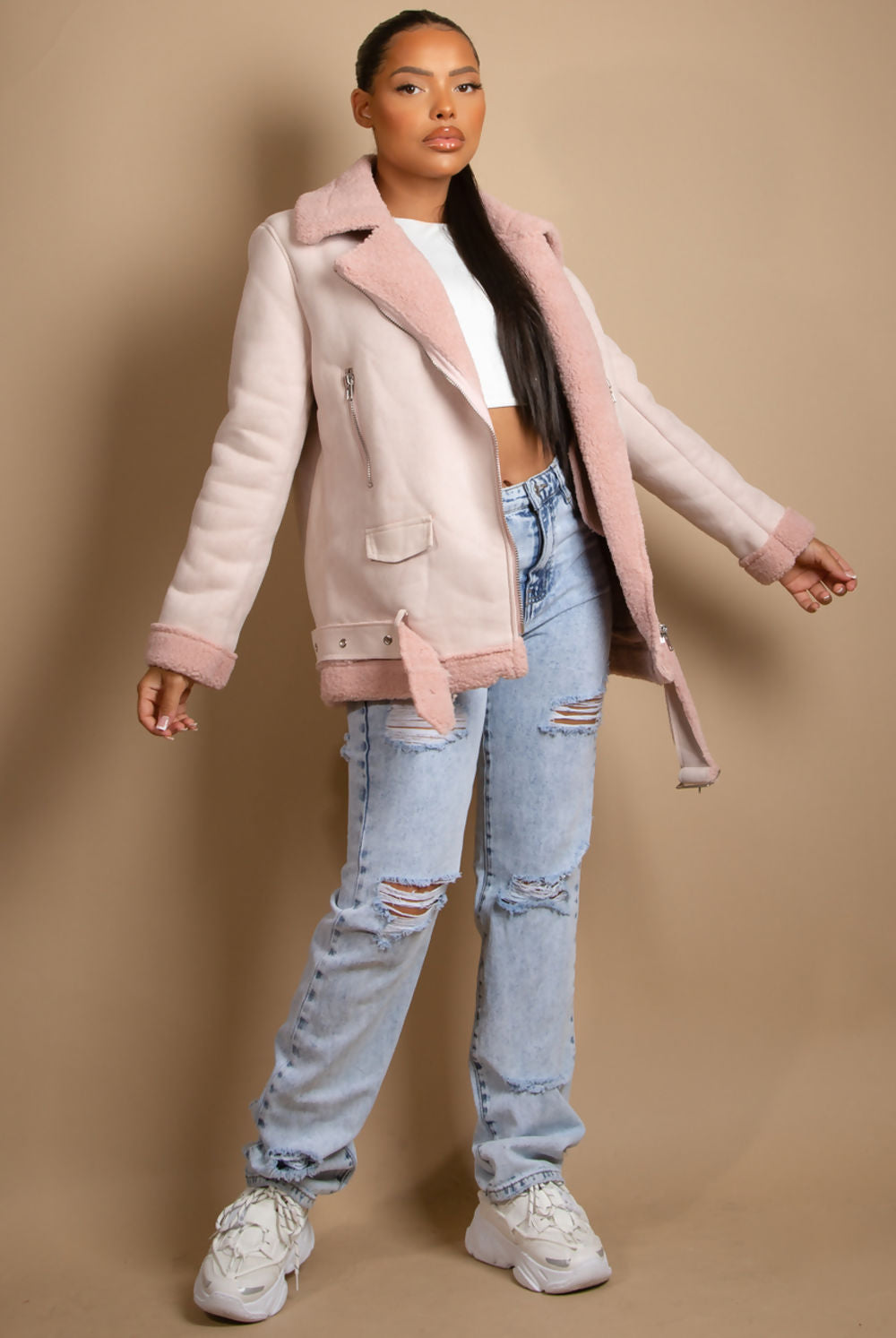 Pink Faux Suede Aviator Jacket (11701)