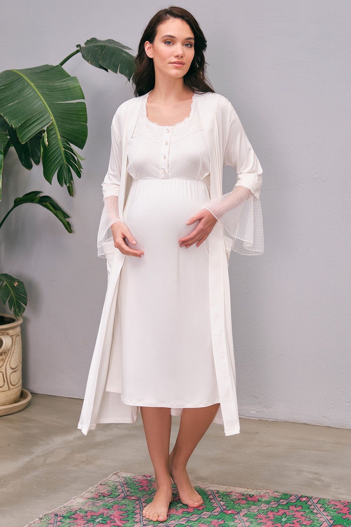 Shopymommy 5649 Flywheel Arm Lace Maternity & Nursing Nightgown With