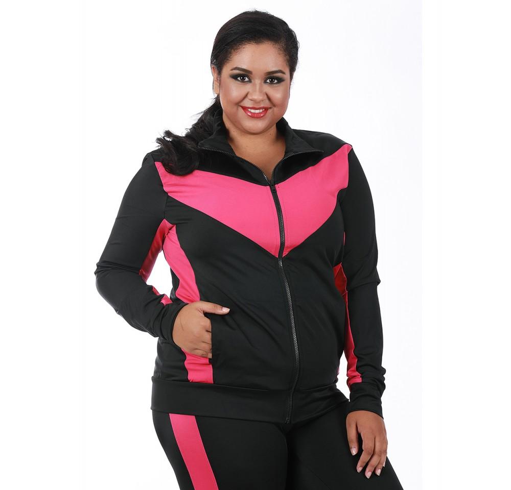 InstantFigure Curvy Activewear Compression Color Block Zip-Up Jacket