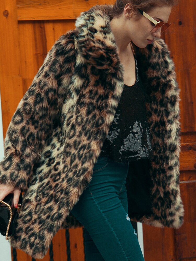 Leopard Print Faux Fur Coat Women 2022 Winter Long Sleeve Turn-down