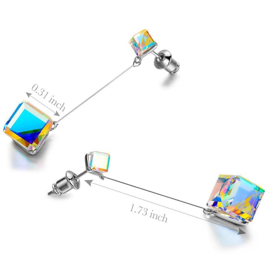 Aurora Borealis  Elements Cubed Dangling Earrings in 14K White Gold