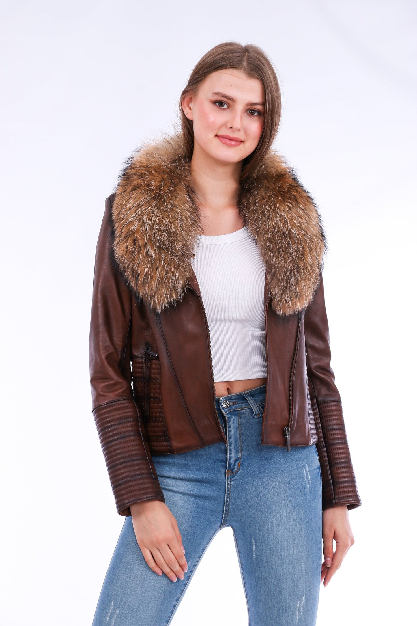 Ravenna Leather Biker Jacket - Brown