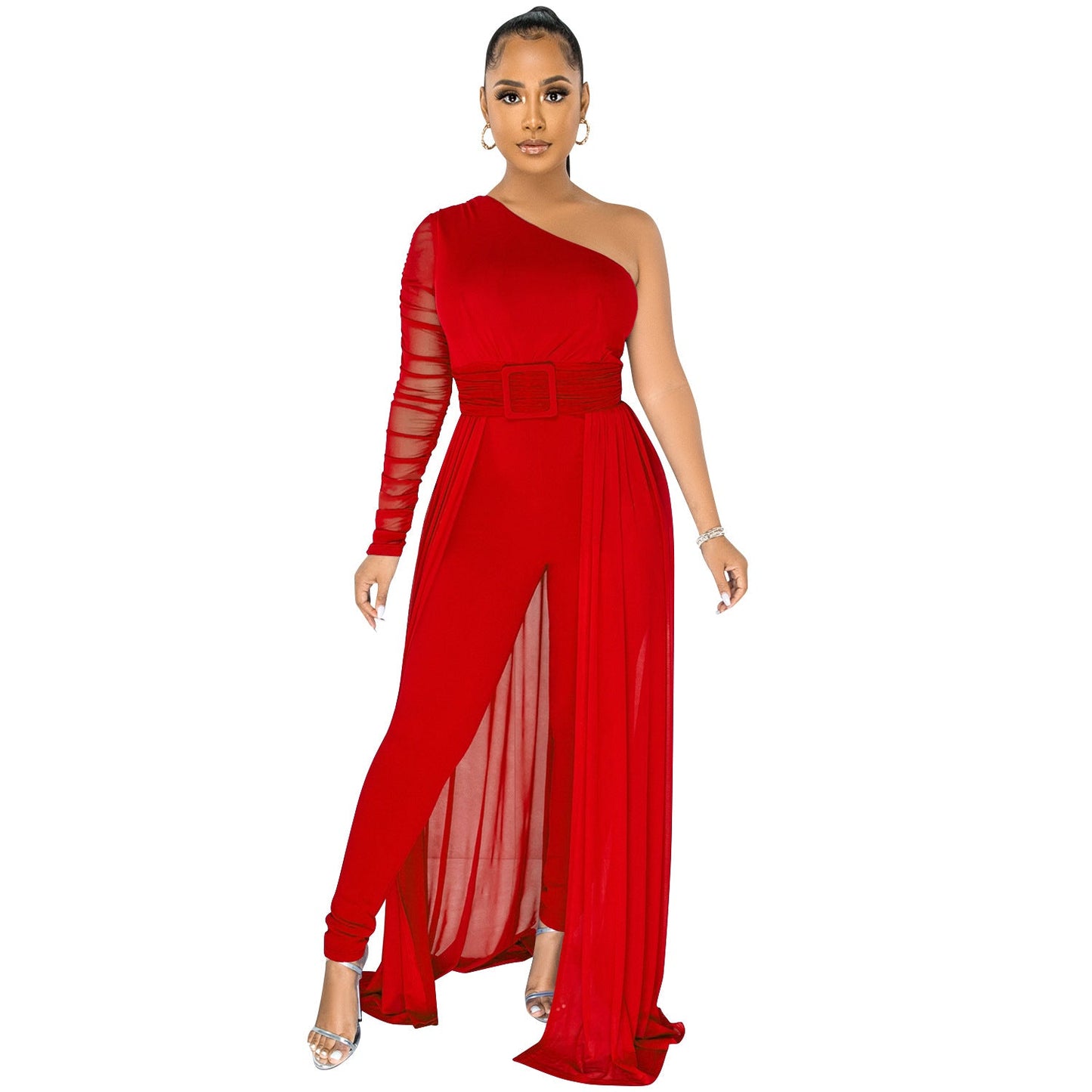 One Shoulder Sheer Mesh Jumpsuit with Long Sleeves