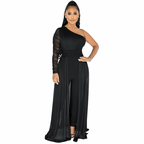 One Shoulder Sheer Mesh Jumpsuit with Long Sleeves