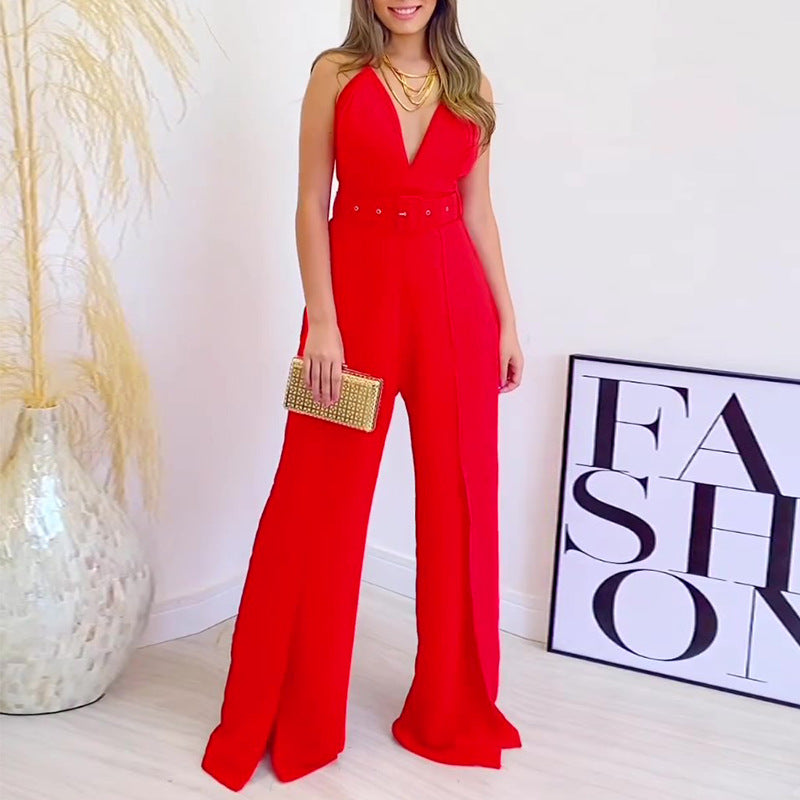 V-neck High-waisted Jumpsuit with Split Wide Leg Pants with Belt