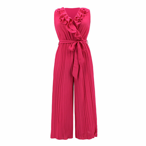 V-neck Ruffle Pleated Jumpsuit