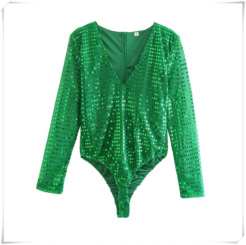 Solid Green Sequined Skinny Playsuit Women Fashion Spring Long Sleeve