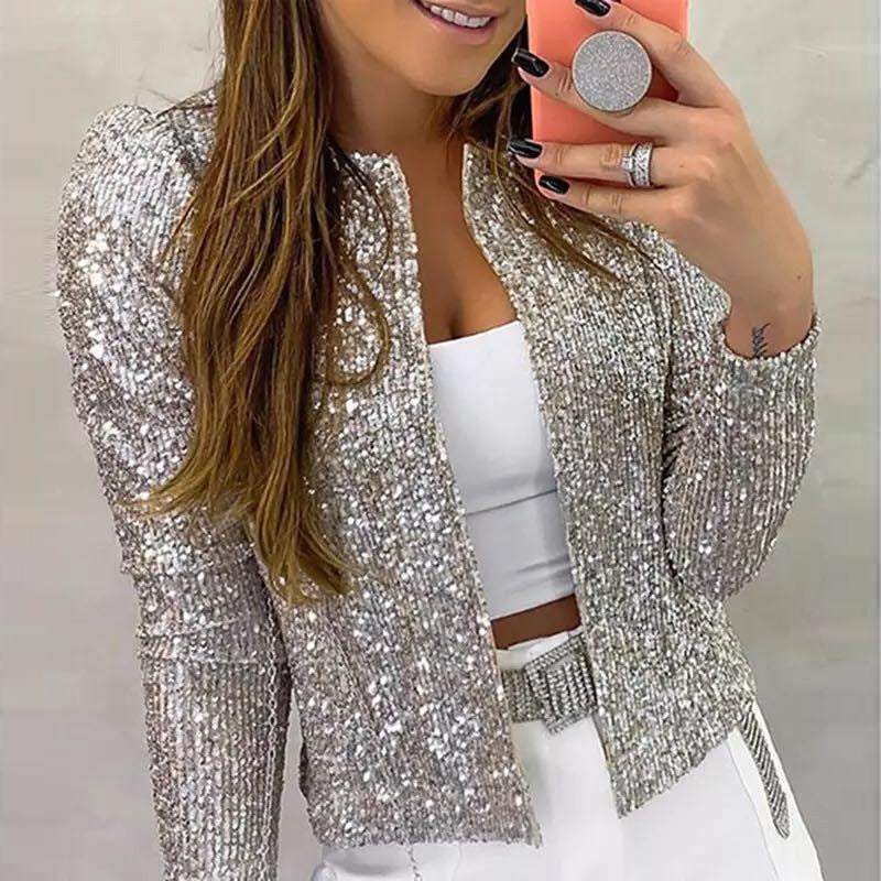 Sequins Shiny Jacket Elegant O Neck Outerwear