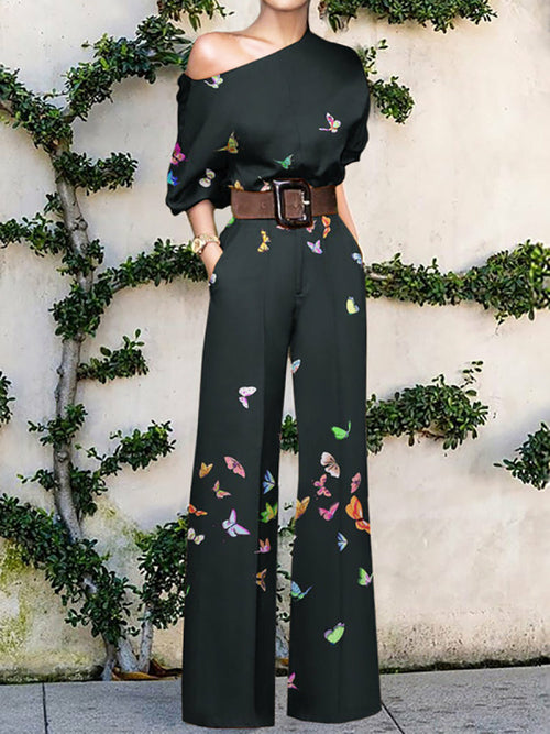 Not with belt  Abstract Face Print Women Jumpsuits Sexy One Shoulder