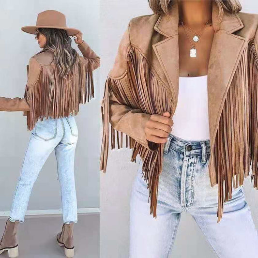 Fringed Hem Tassel Cardigan Crop Tops Motor Biker Jacket Suede Leather