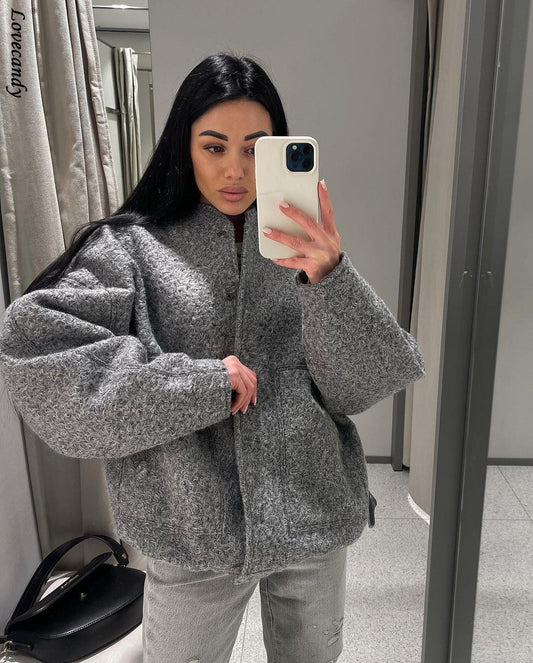 Chic Solid Grey Streetwear Oversized Women Outwear