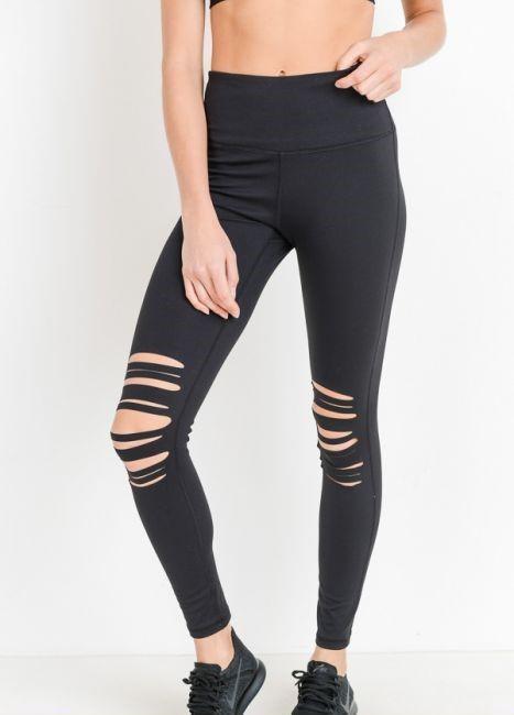 High Waist Laser Cut Ripped Knee Leggings