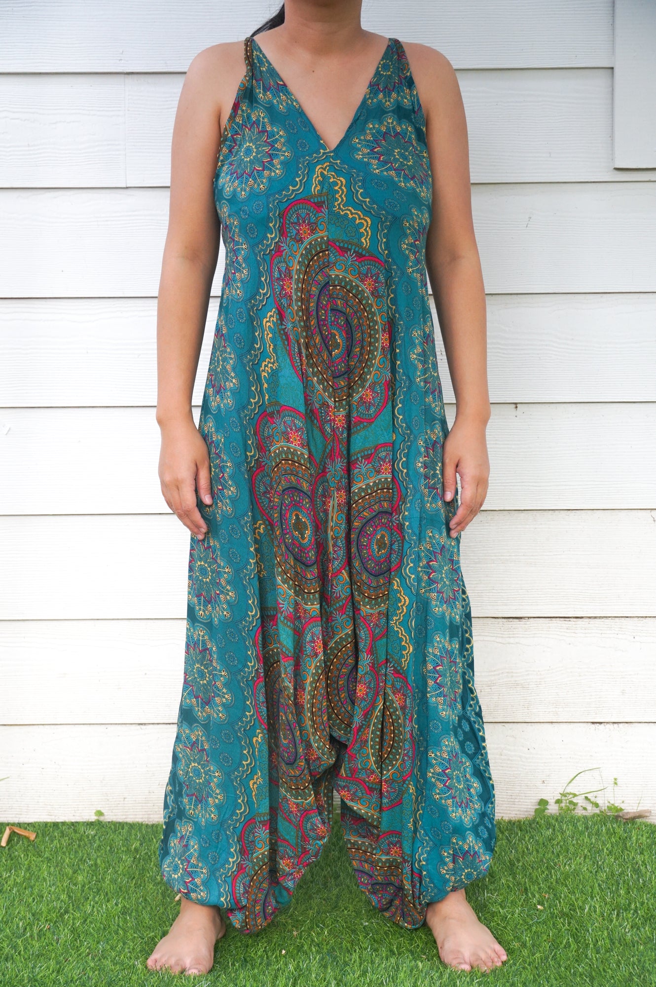 Teal Mandala Hippie Jumpsuits, Boho Rompers, Festival Clothing