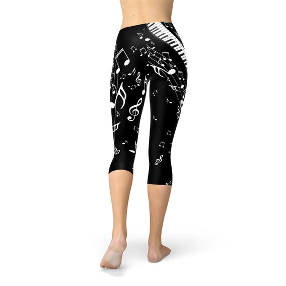 Womens Piano Notes Black Capri Leggings