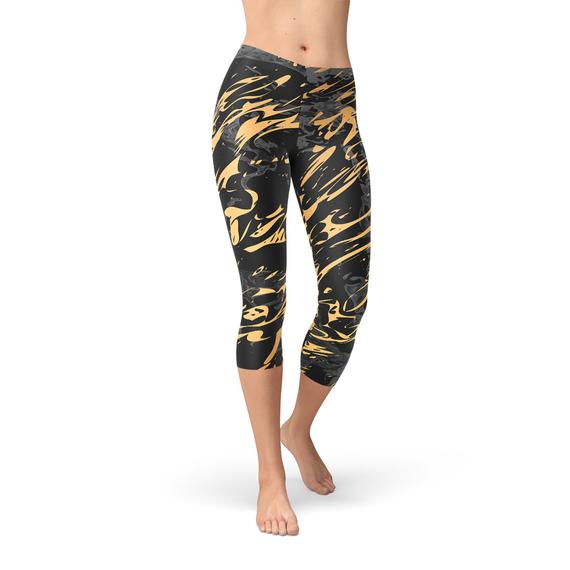 Womens Black Marble w/ Gold Splash Capri Leggings