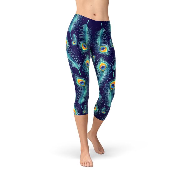 Blue Peacock Feathers Capri Leggings