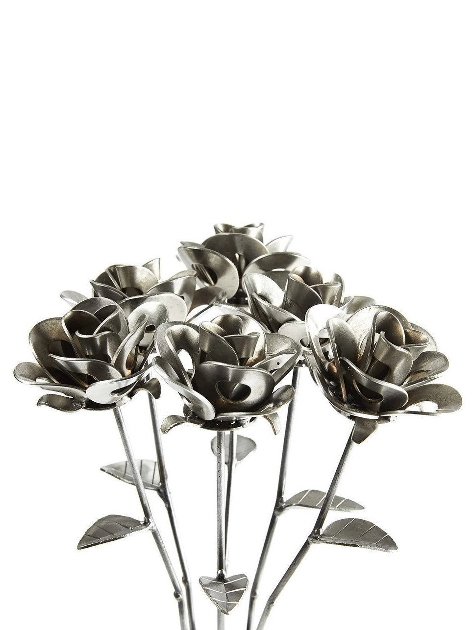 Half Dozen Metal Roses and Vase, Six Recycled Metal Roses and Vase,