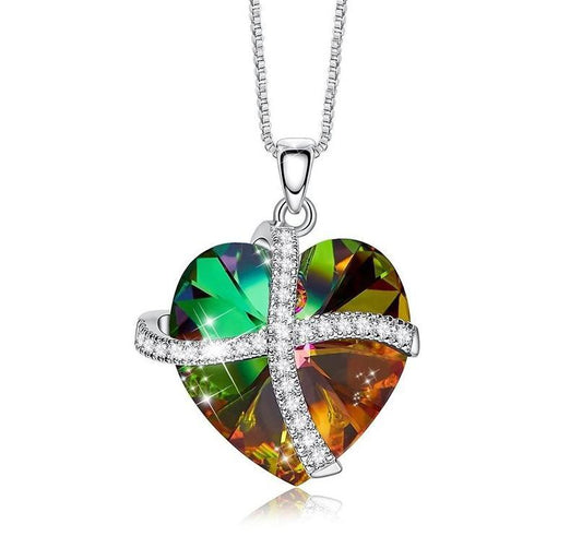 Crystals Rainbow Pave Heart Ribbon  Necklace